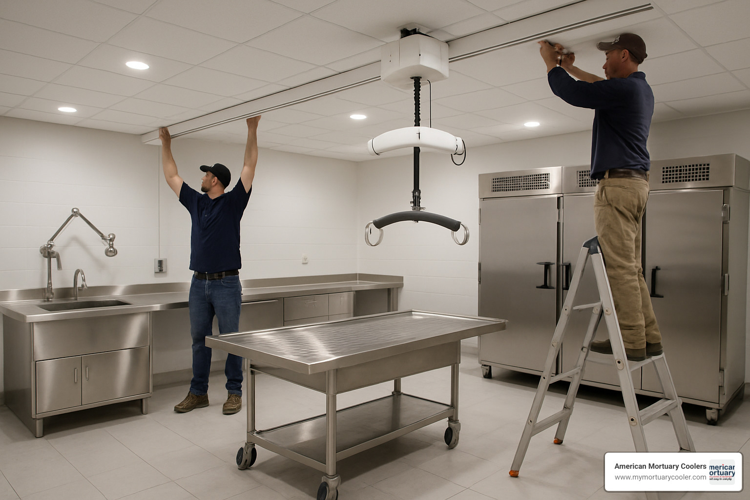 ceiling gantry installation in mortuary - Mortuary Lift Company www.funeralhomelifts.com