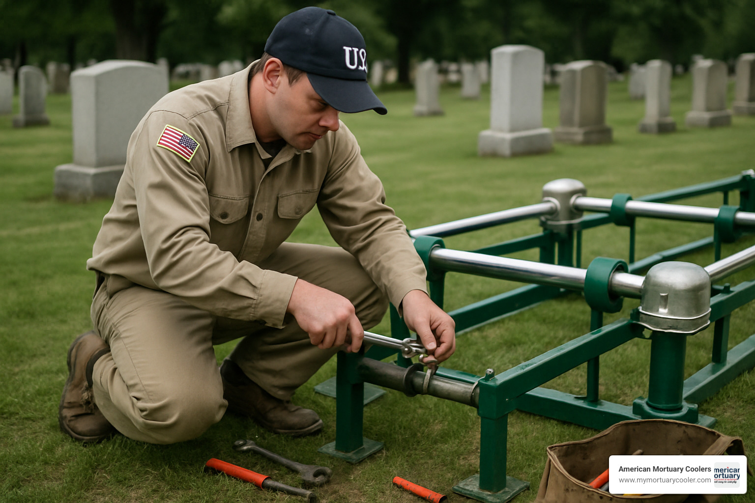 Technician performing maintenance on funeral lowering device - funeral lowering device