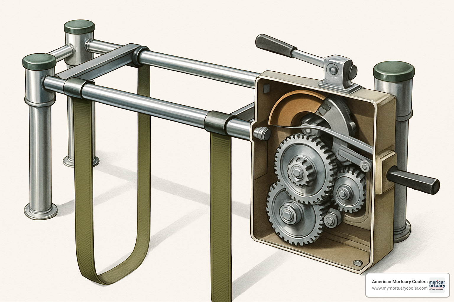Internal mechanism of funeral lowering device showing gears and braking system - funeral lowering device