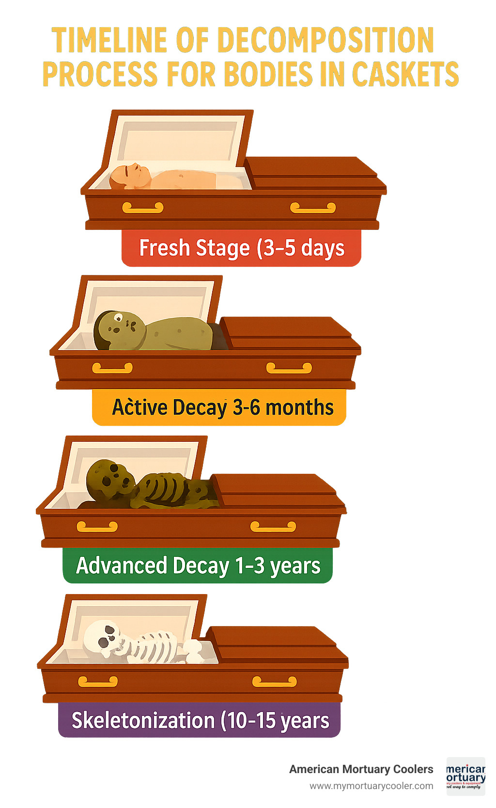 Timeline of decomposition process for bodies in caskets showing the five stages: fresh stage (3-5 days), bloat stage (1-2 months), active decay (3-6 months), advanced decay (1-3 years), and skeletonization (10-15 years) with visual representations of each stage - bodies in caskets infographic 