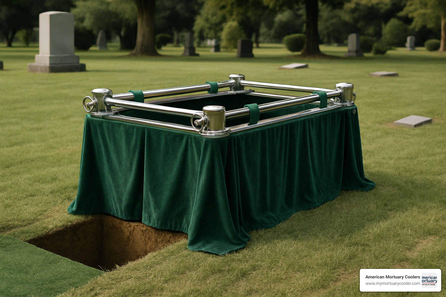 Funeral lowering device with green draped stand at graveside - funeral lowering device