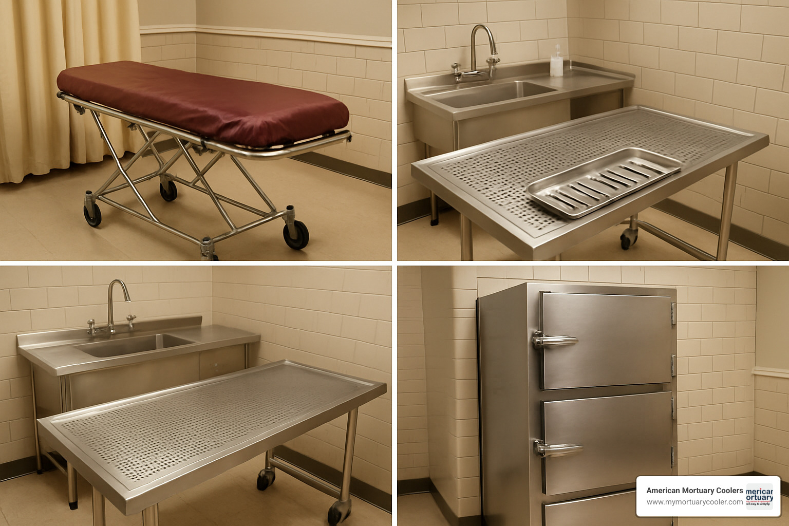 Collage of essential funeral director equipment including cots, embalming tables, and coolers - funeral director equipment
