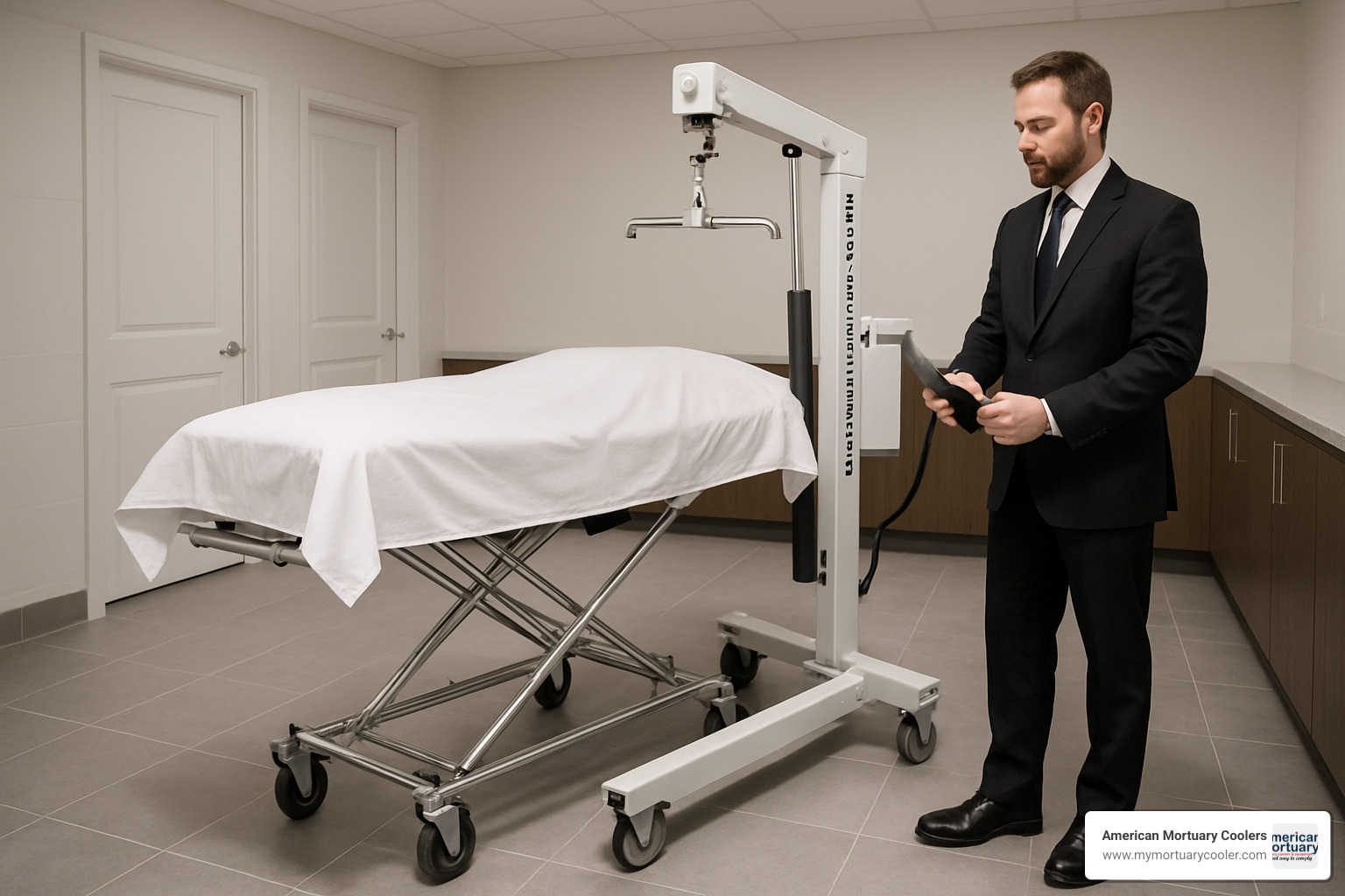 Battery-powered mortuary lift being used in a funeral home - funeral director equipment