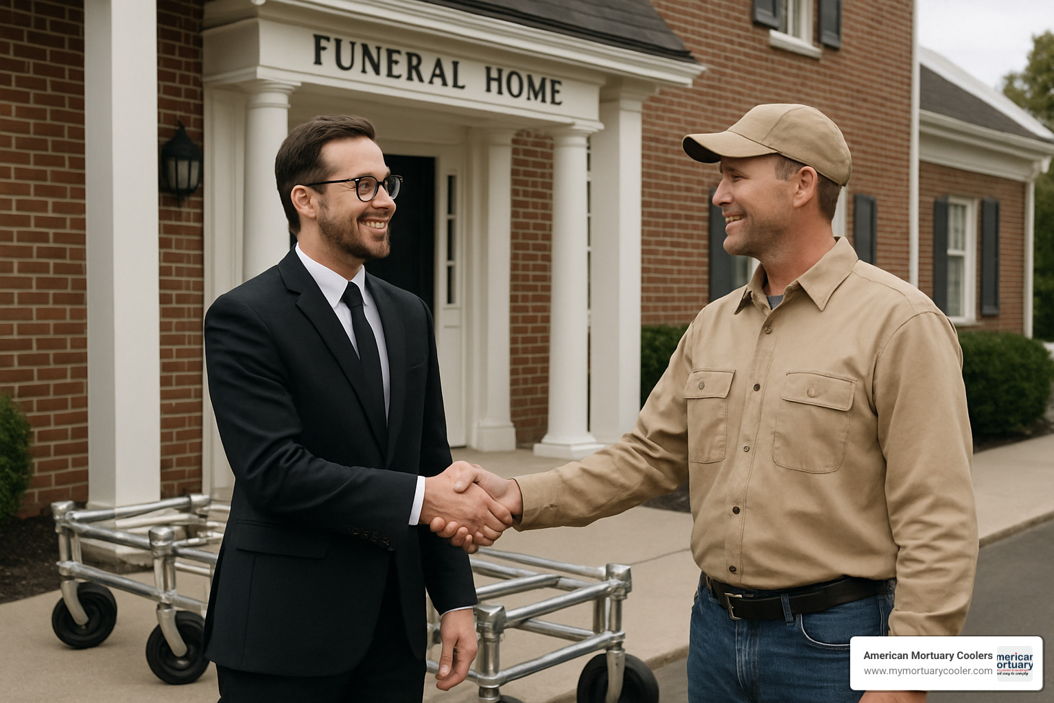 Funeral director shaking hands with equipment supplier - funeral director equipment