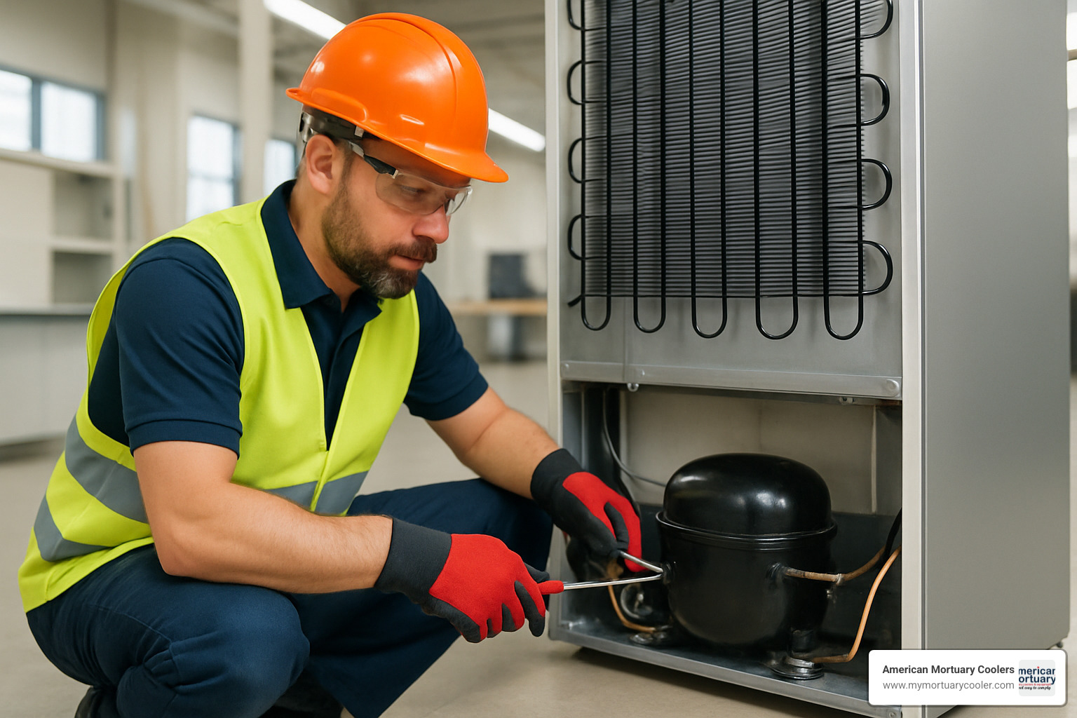 Technician servicing refrigerator compressor - fridge compressor