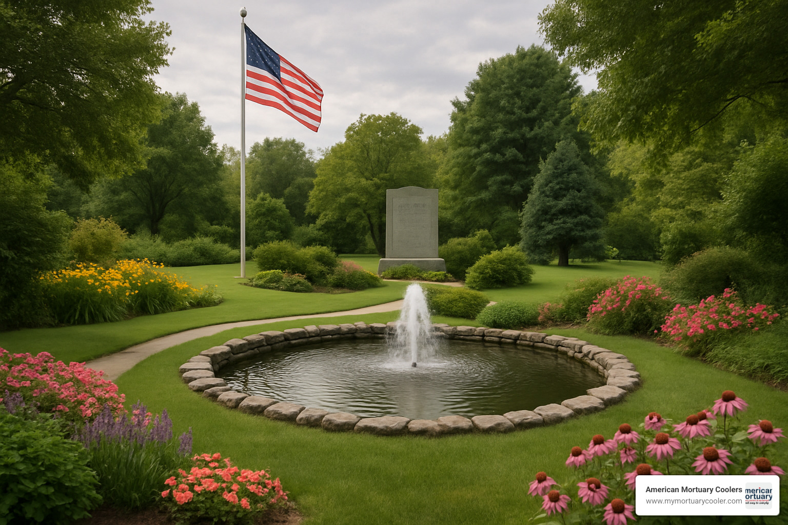 Peaceful memorial setting with water feature representing the gentle nature of alkaline hydrolysis - alkaline hydrolysis cremation cost