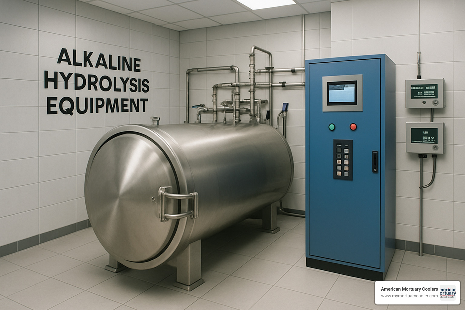 Alkaline hydrolysis equipment showing stainless steel pressure vessel and control systems - alkaline hydrolysis cremation cost