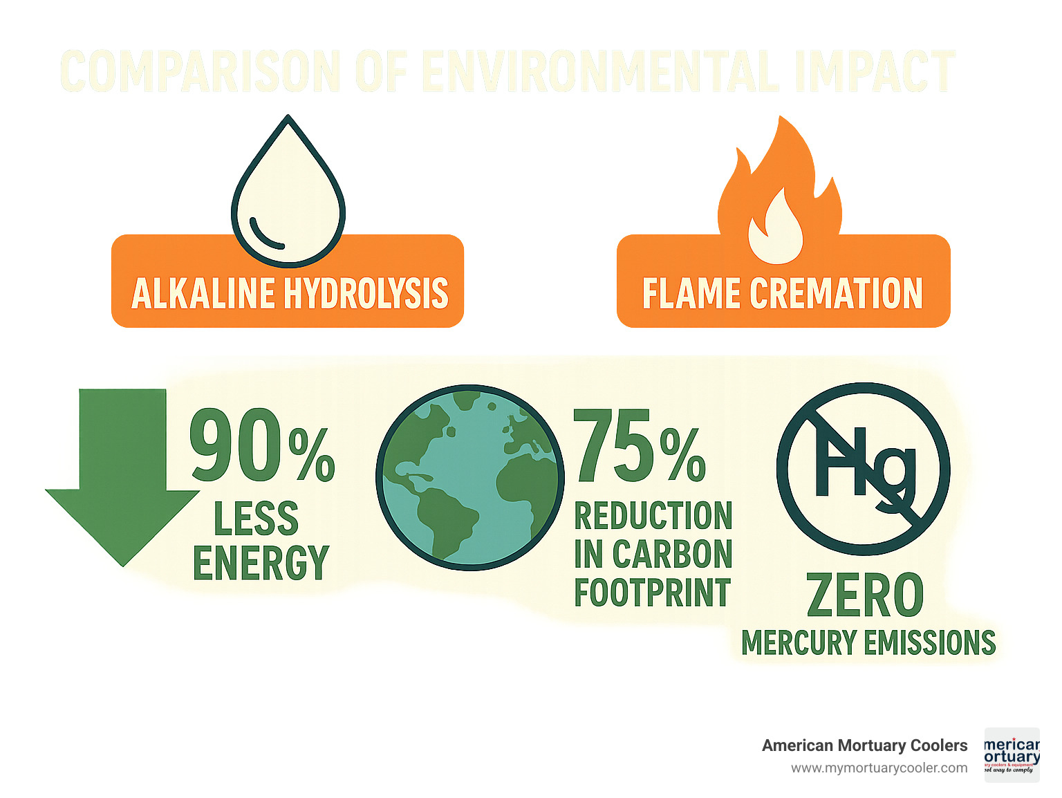 Comparison of environmental impact between alkaline hydrolysis and flame cremation showing 90% energy reduction, 75% carbon footprint reduction, and zero mercury emissions - alkaline hydrolysis cremation cost infographic 