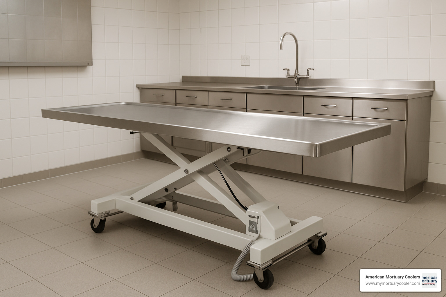 hydraulic embalming table with adjustable height controls - mortuary prep room equipment