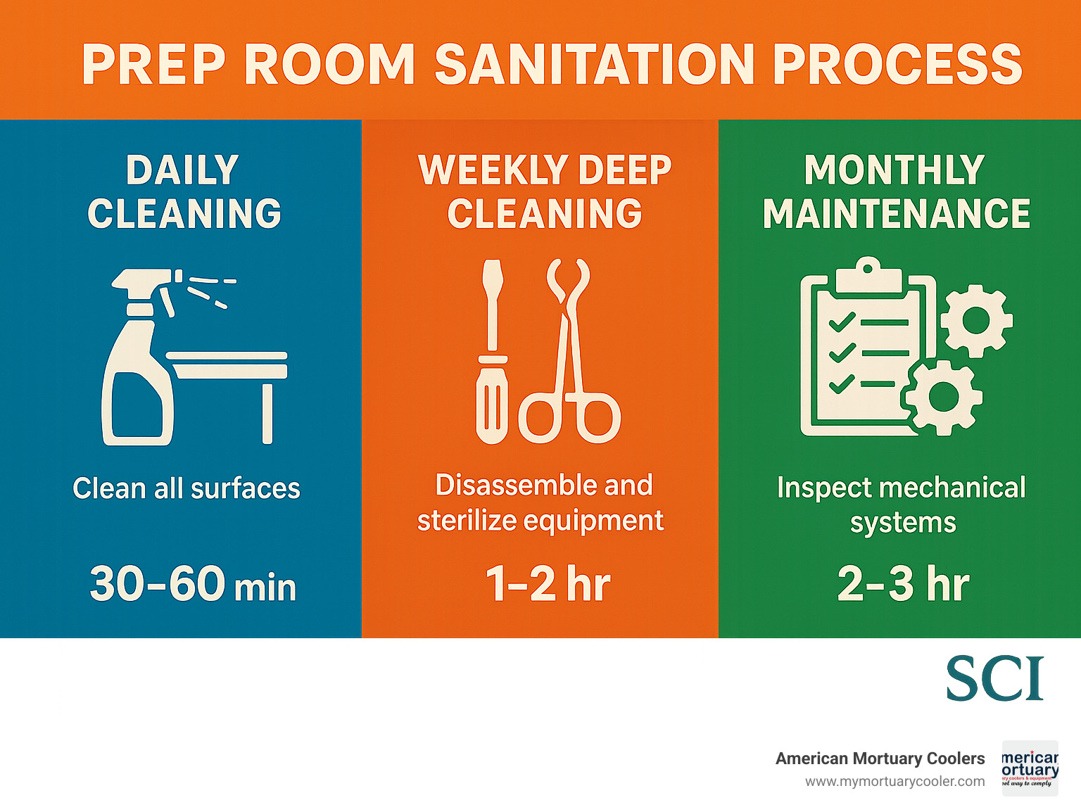 Three-step prep room sanitation process showing daily cleaning, weekly deep cleaning, and monthly maintenance procedures with time estimates for each - mortuary prep room equipment infographic 