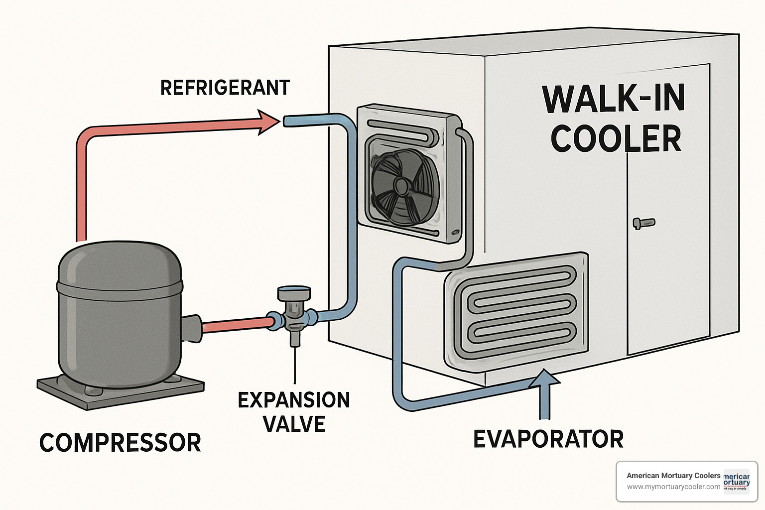 Refrigeration system components diagram - walk-in cooler compressor and evaporator