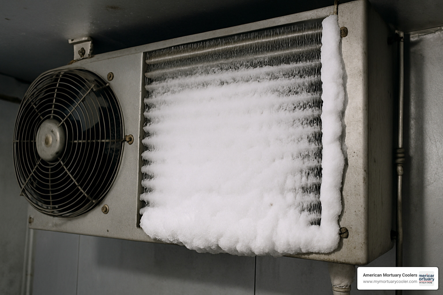 Frosted evaporator coil indicating defrost issues - walk-in cooler compressor and evaporator