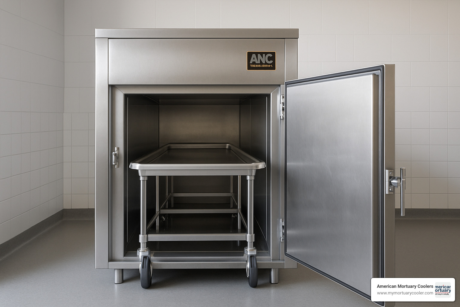 AMC Model 3B Mortuary Cooler with door open - AMC Mortuary Cooler
