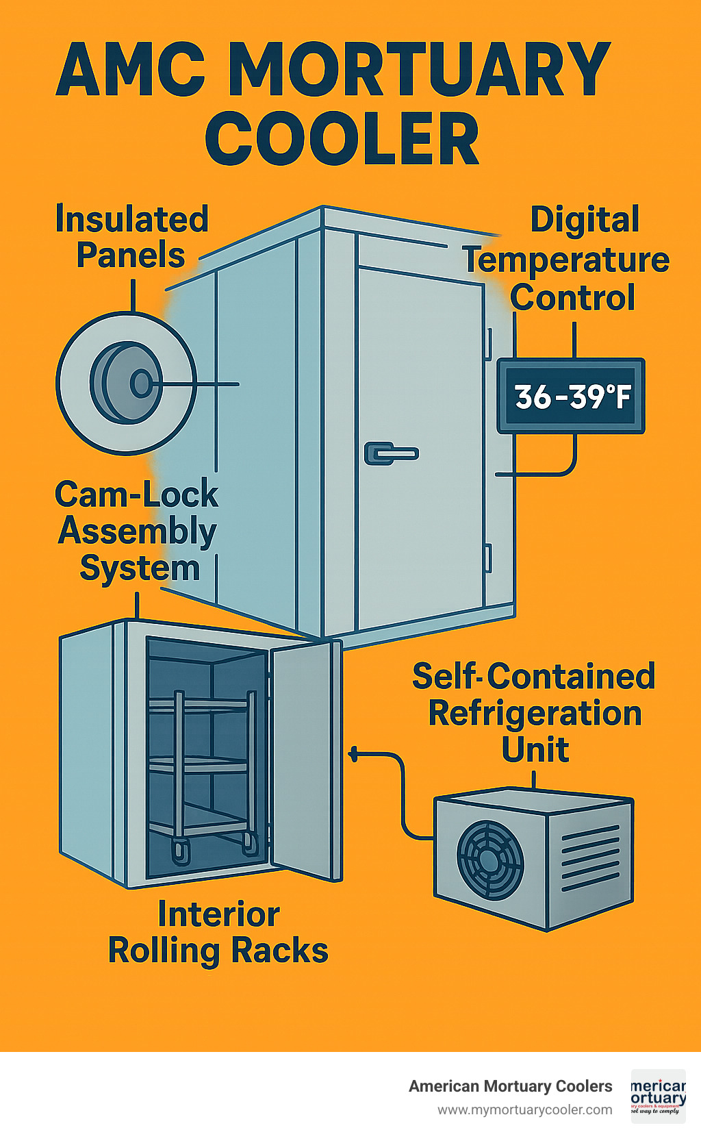 Diagram showing AMC Mortuary Cooler components including insulated panels, digital temperature control, cam-lock assembly system, interior rolling racks, and self-contained refrigeration unit with temperature range of 36-39°F - AMC Mortuary Cooler infographic 