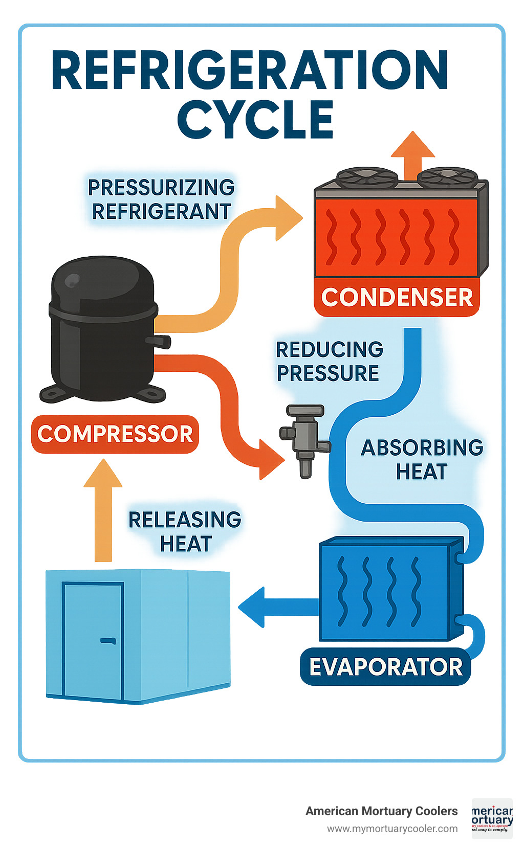 Refrigeration cycle showing compressor pressurizing refrigerant, condenser releasing heat, expansion valve reducing pressure, and evaporator absorbing heat from the cooler interior - walk-in cooler compressor and evaporator infographic 