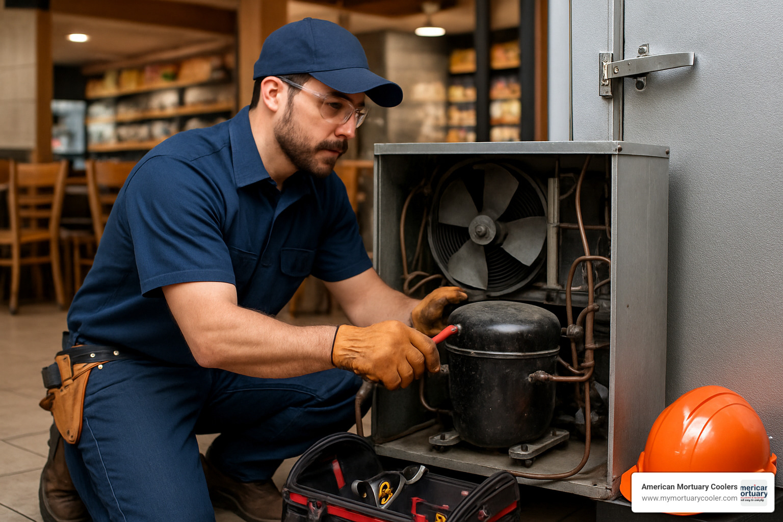 Commercial refrigeration technician repairing walk-in cooler compressor - walk-in cooler repair