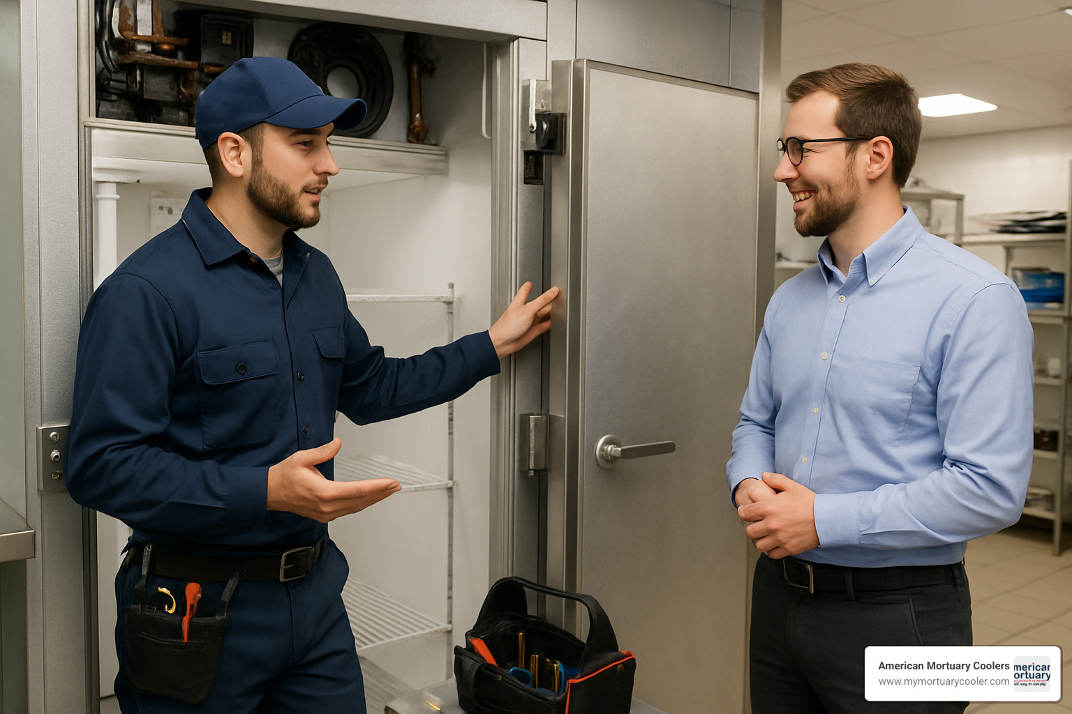 Technician completing walk-in cooler repair with customer - walk-in cooler repair
