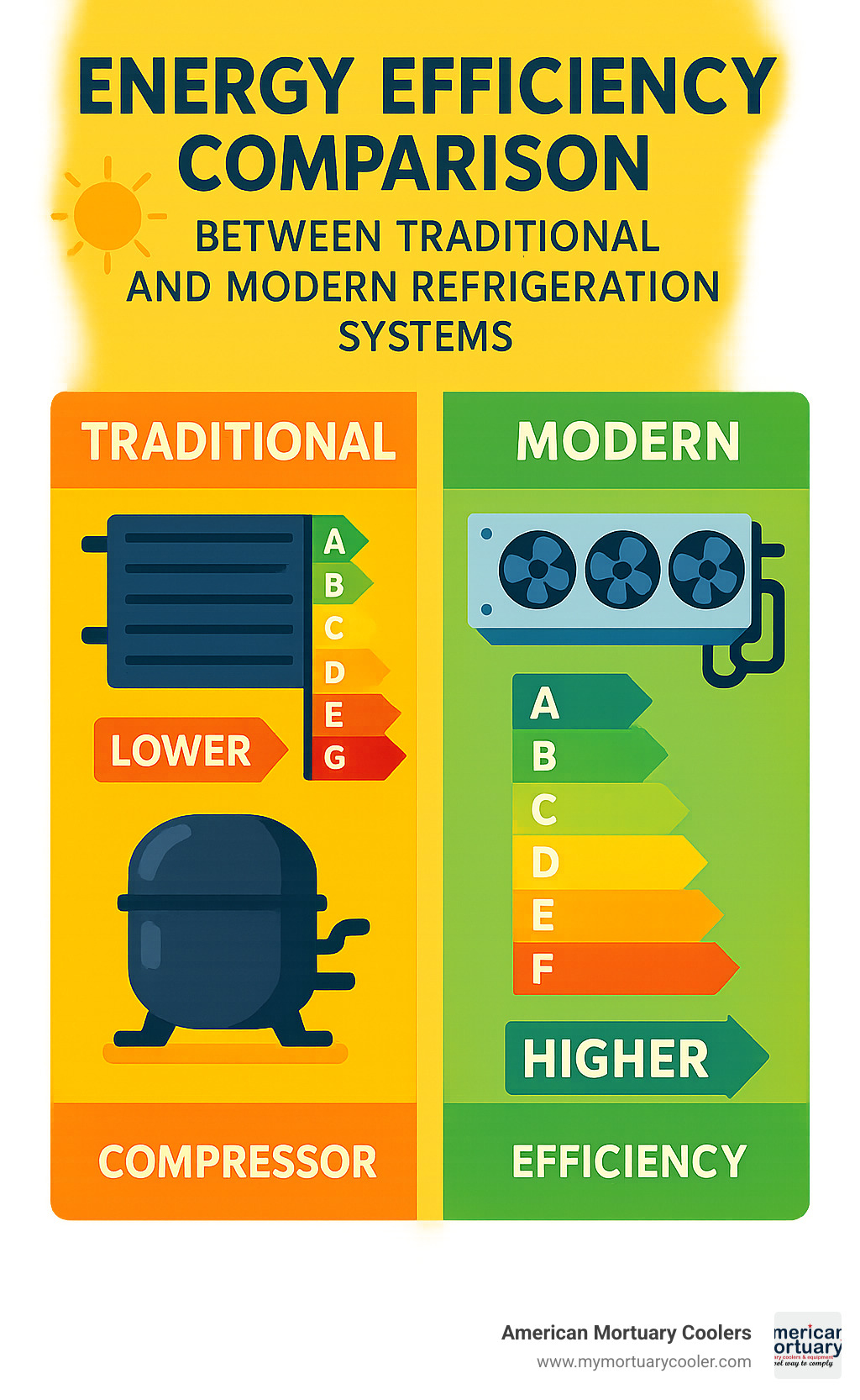 Energy efficiency comparison between traditional and modern refrigeration systems - walk-in cooler compressor and evaporator infographic 