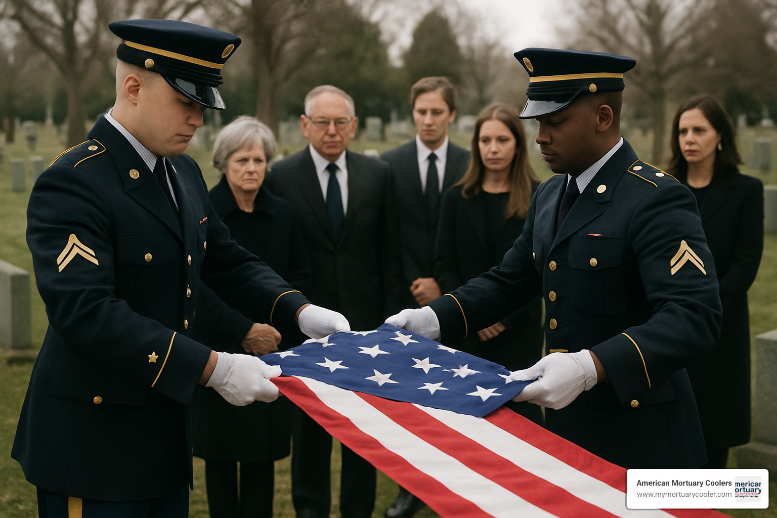 military honor guard folding American flag at veteran funeral - Lamb Funeral home 