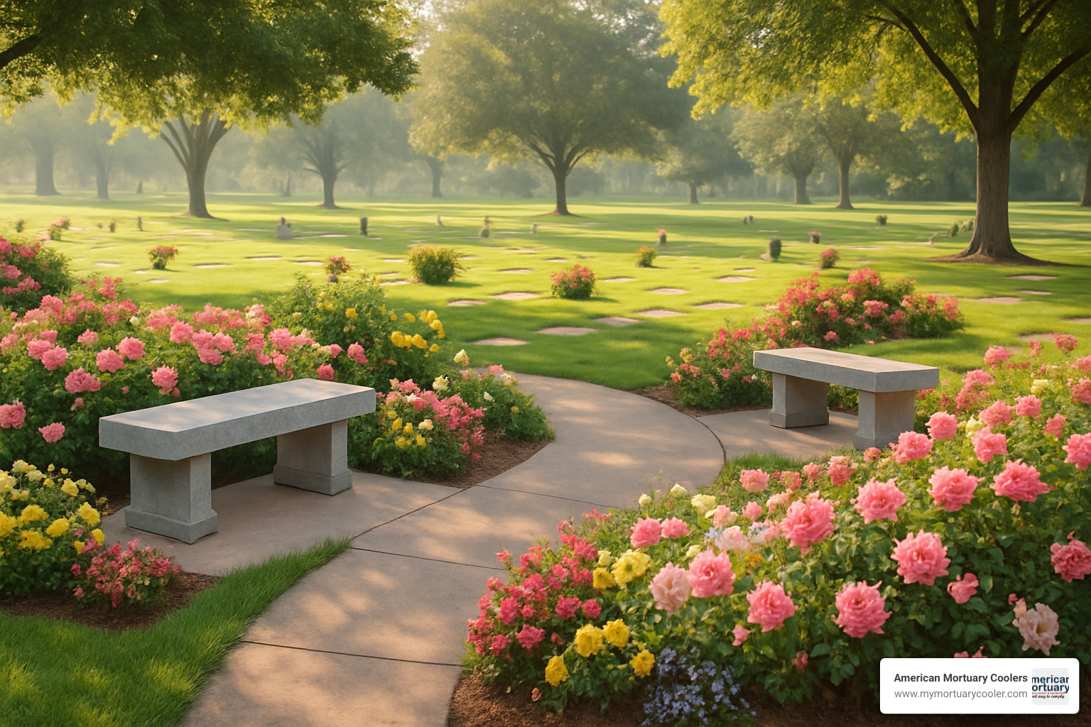serene memorial garden with benches and flowers - Lamb Funeral home 