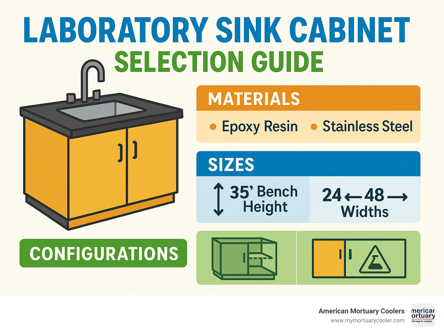 Laboratory sink cabinet selection guide showing materials, sizes, and configuration options - laboratory sink cabinet infographic 