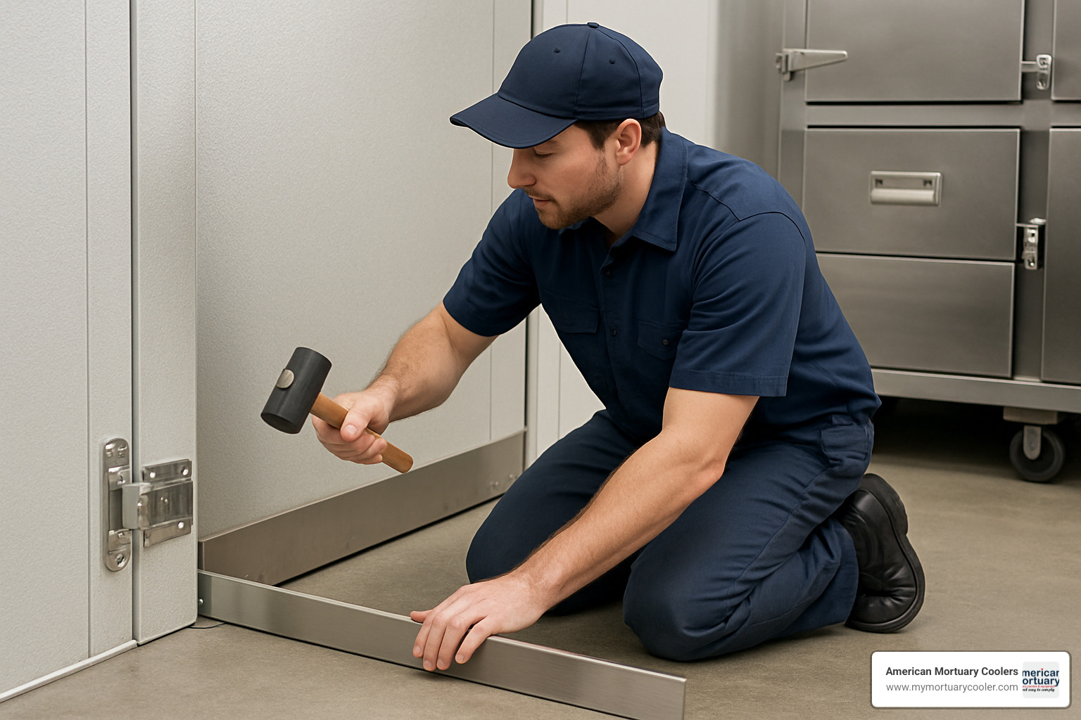 Installer tapping threshold into cam locks during installation - walk in cooler threshold