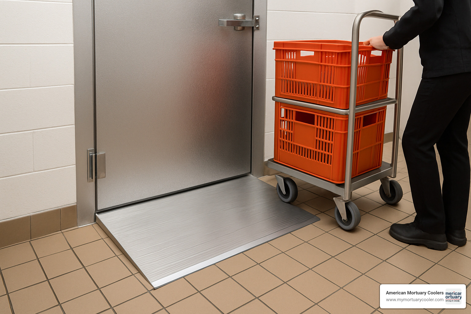 Walk-in cooler with properly installed threshold showing smooth transition for cart access - walk in cooler threshold