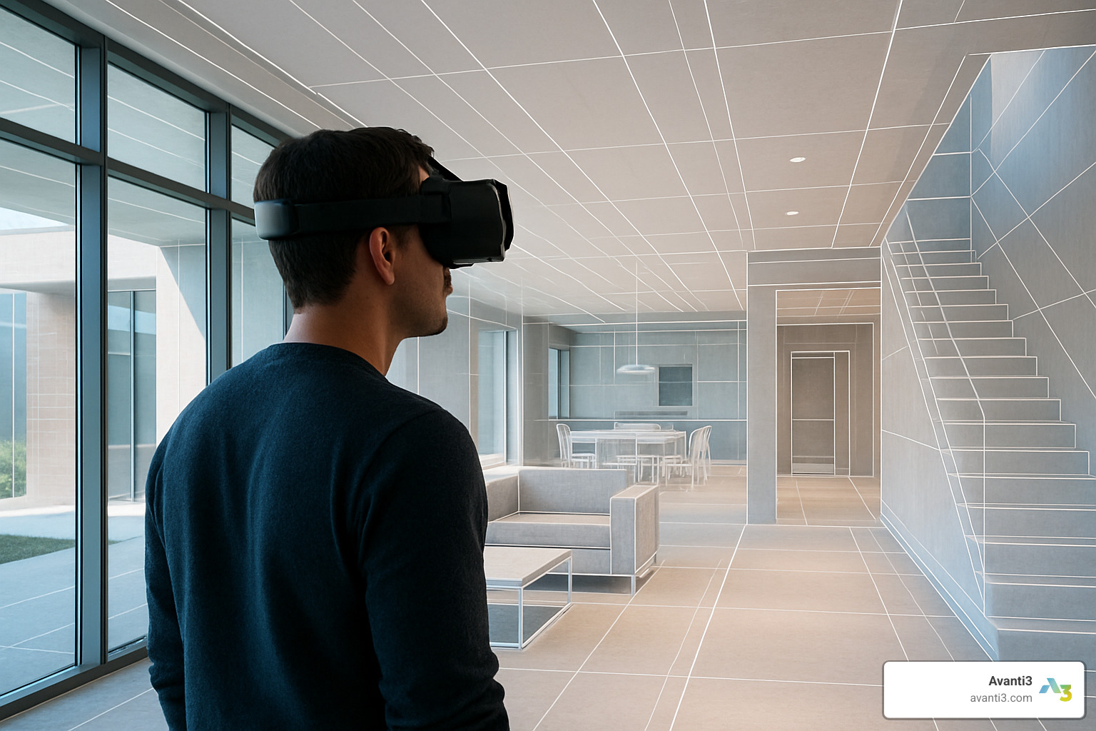 VR headset user experiencing virtual architecture - 3d art