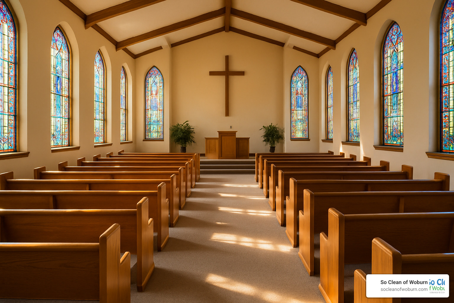 Clean church sanctuary with freshly cleaned carpet - church carpet cleaning