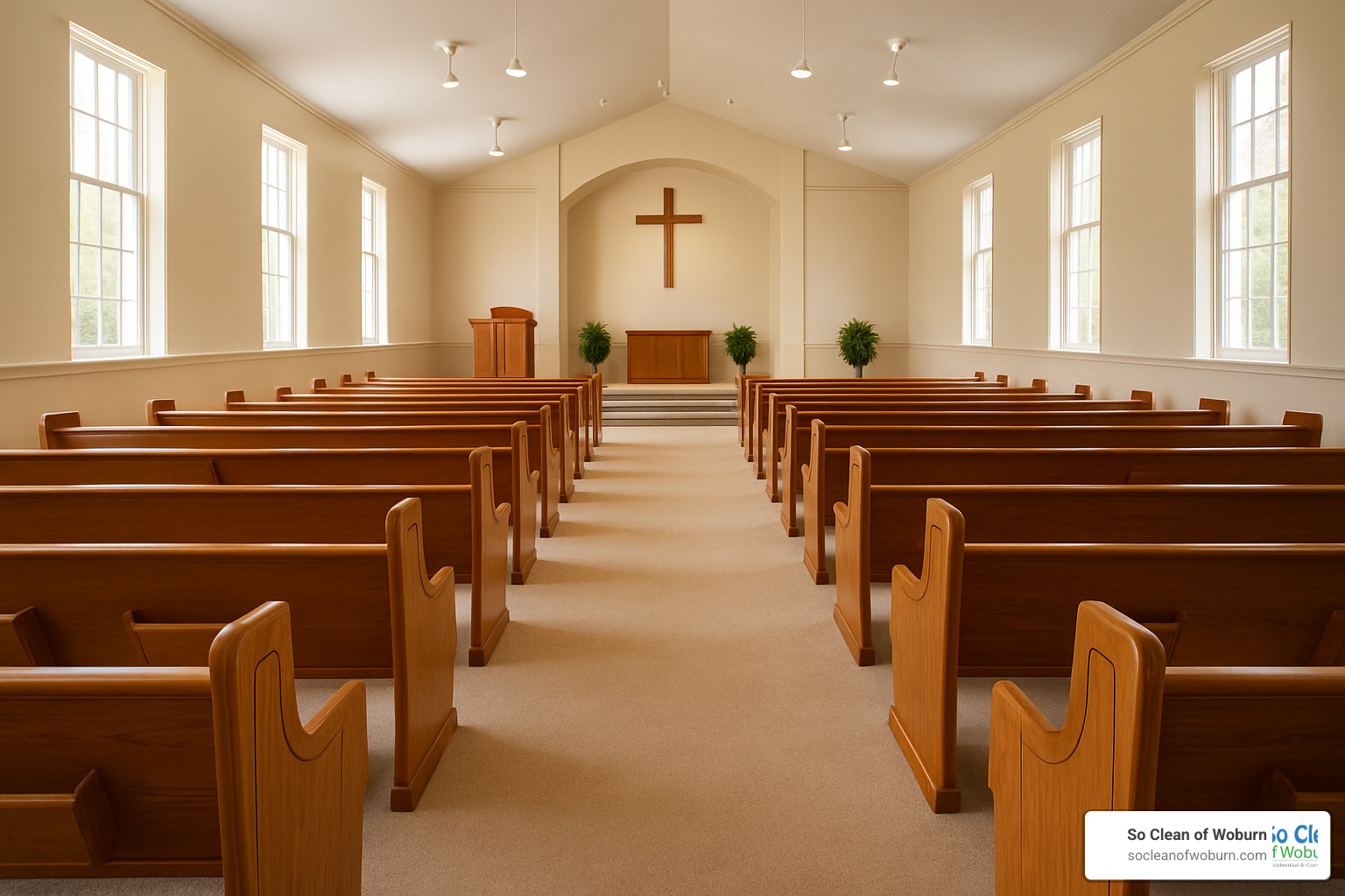 Beautifully cleaned church sanctuary with fresh carpet - church carpet cleaning