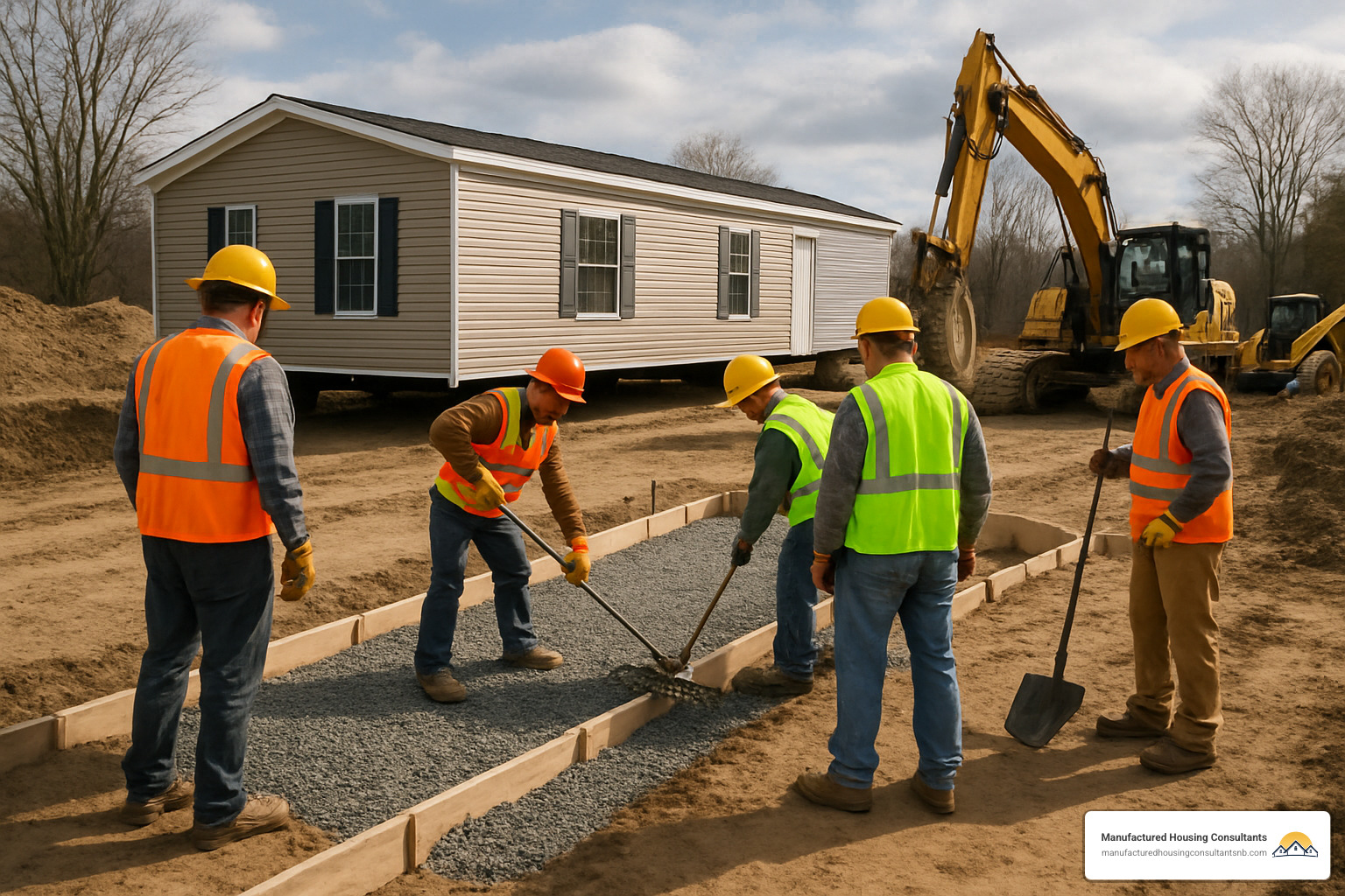 Mobile home setup crew preparing foundation - used mobile homes for sale near me to be moved