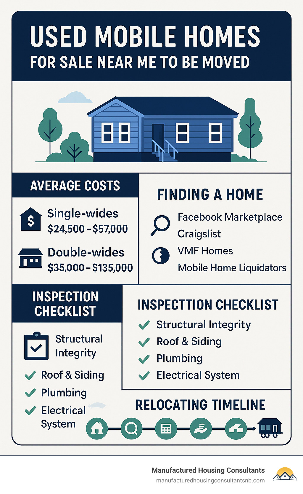 Detailed infographic showing the process of finding, purchasing and moving a used mobile home, including average costs, inspection checklist, and timeline - used mobile homes for sale near me to be moved infographic 