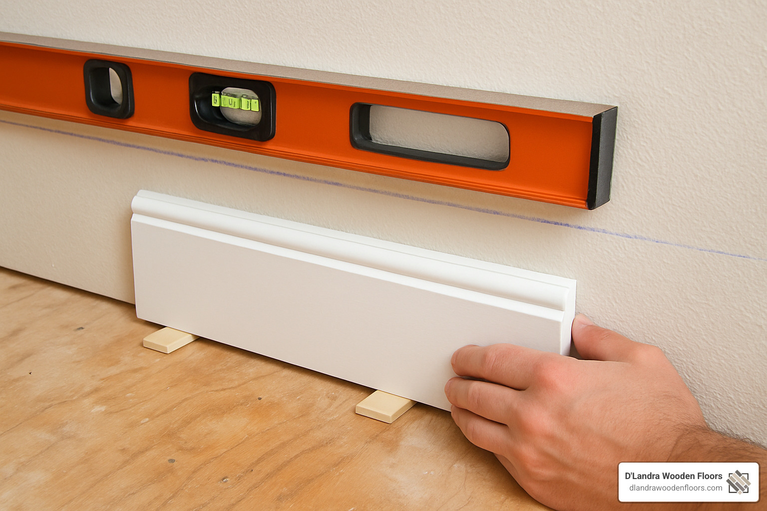 Setting baseboard height with spacers and level line - baseboard installation