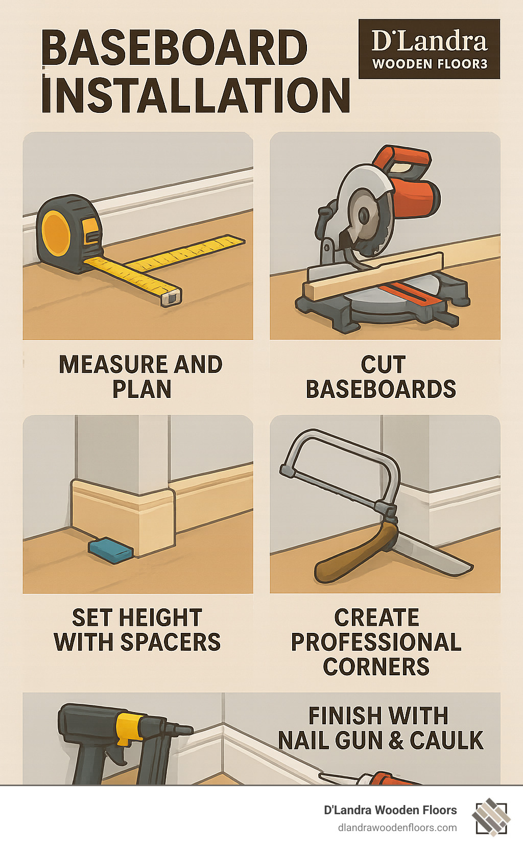 Baseboard installation process showing 5 steps: measuring and planning, cutting baseboards with miter saw, setting height with spacers, creating professional corners with coping technique, and finishing with nail gun and caulk - baseboard installation infographic 