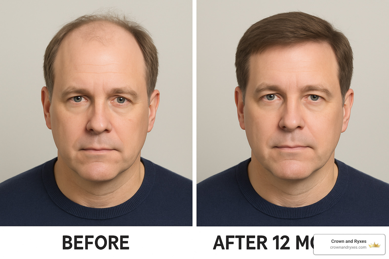 Before and after results of consistent hair restoration treatment over 12 months - restore hair