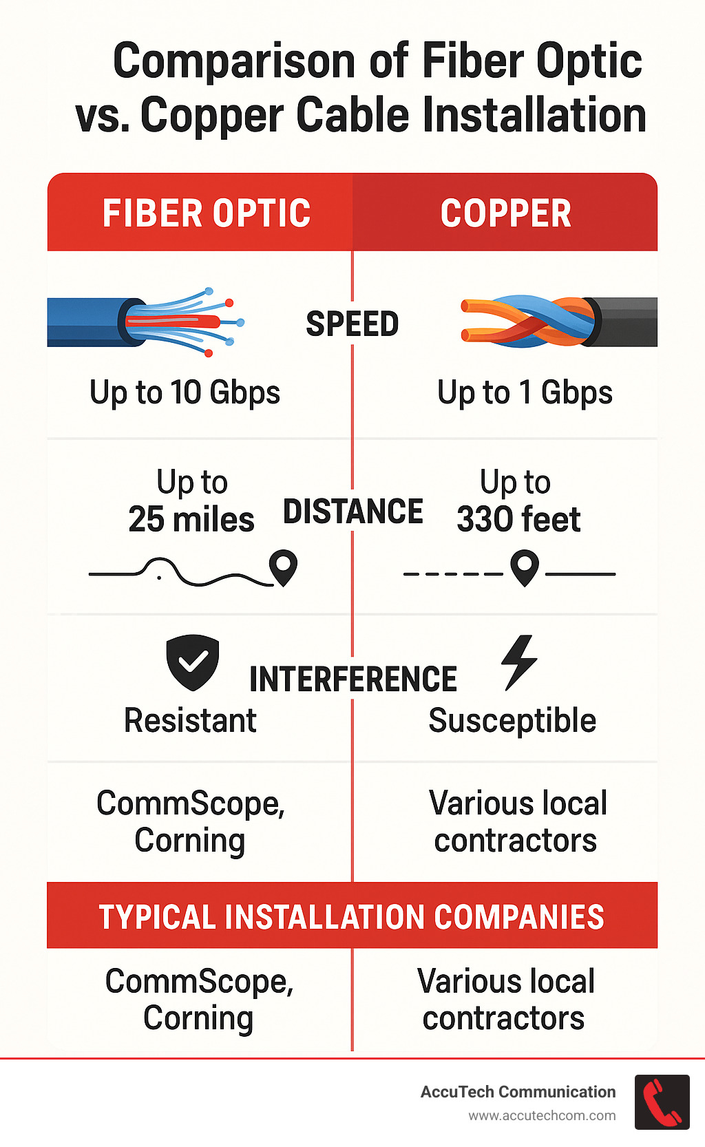 Comparison of fiber optic vs copper cable installation showing speed capabilities, distance limitations, interference resistance, and typical installation companies - companies that install fiber optic cable infographic 