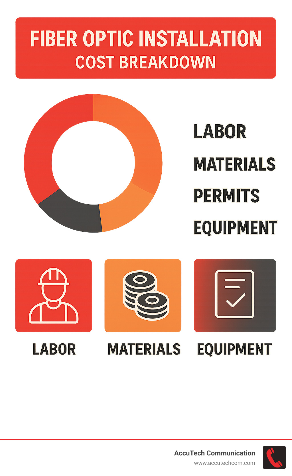 fiber optic installation cost breakdown showing labor, materials, permits, and equipment - companies that install fiber optic cable infographic 