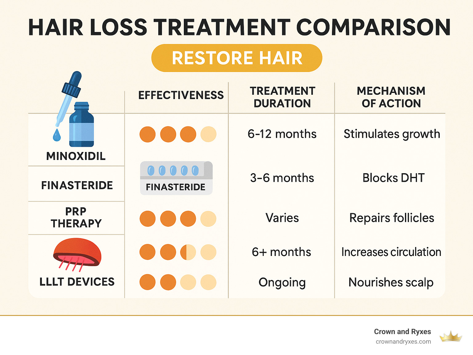 Hair loss treatment comparison showing minoxidil, finasteride, PRP therapy, LLLT devices, and natural oils with their effectiveness ratings, treatment duration, and mechanism of action for restoring hair - restore hair infographic 