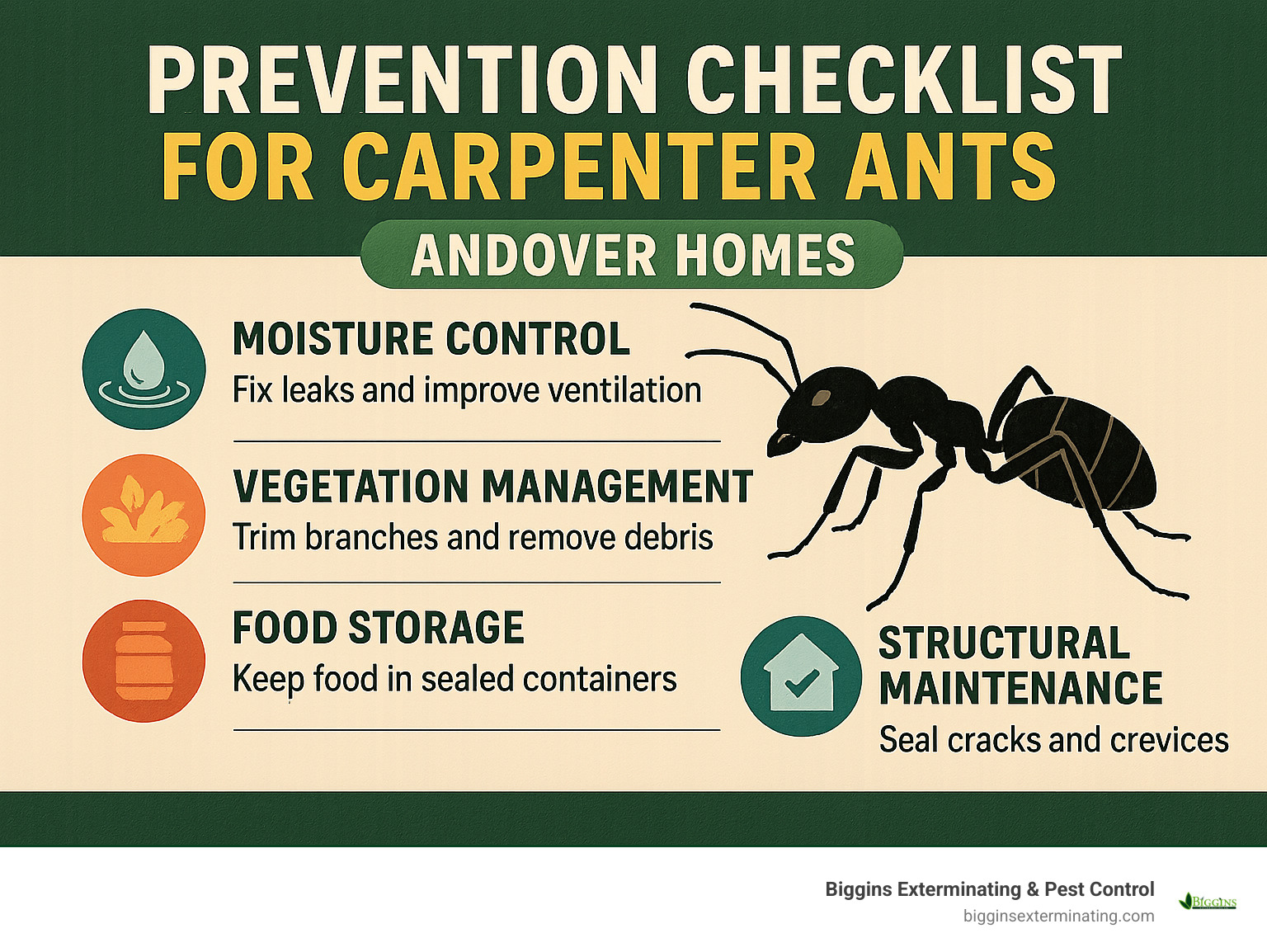 Prevention checklist for carpenter ants showing moisture control, vegetation management, food storage, and structural maintenance steps for Andover homes - Carpenter Ants Andover MA infographic 