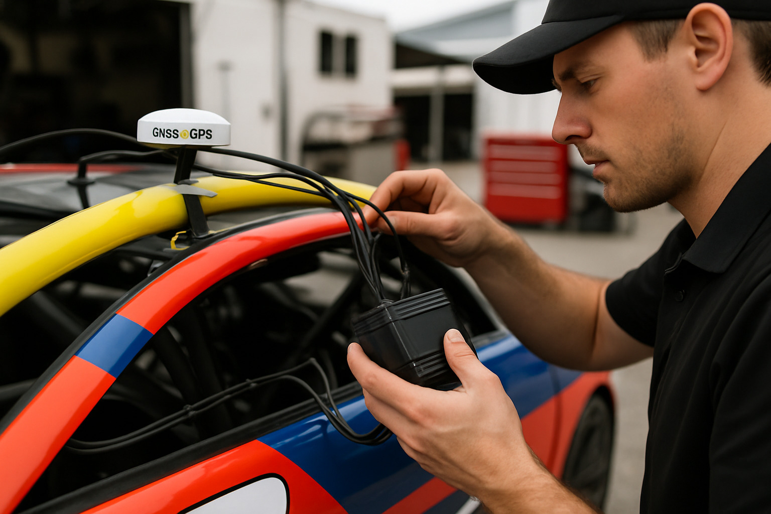 Race car telemetry system installation showing antenna placement and wiring - race car telemetry systems