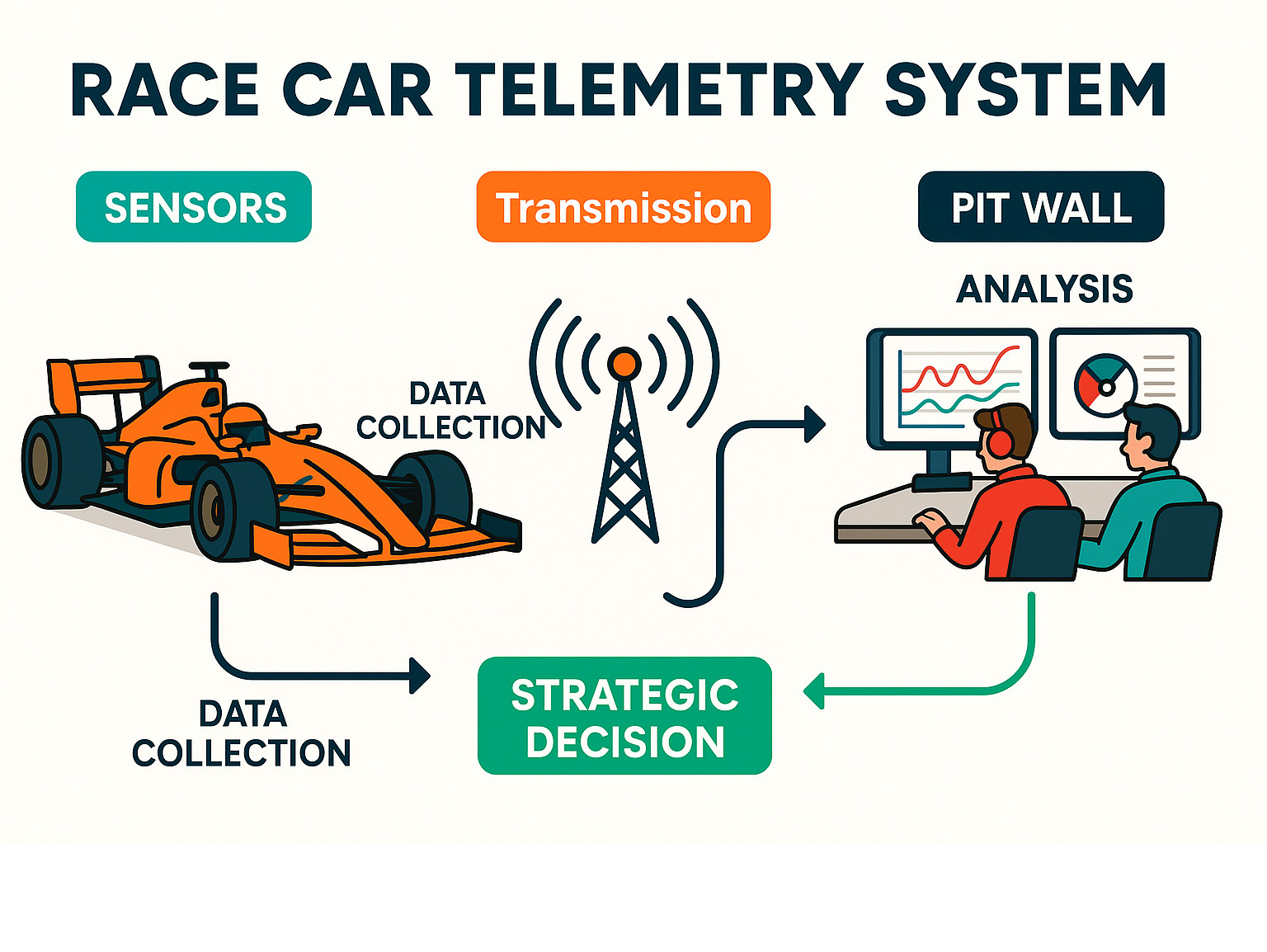 Diagram showing race car telemetry system workflow with sensors collecting data, transmission to pit wall, and analysis on computers with strategic decision feedback loop - race car telemetry systems infographic 
