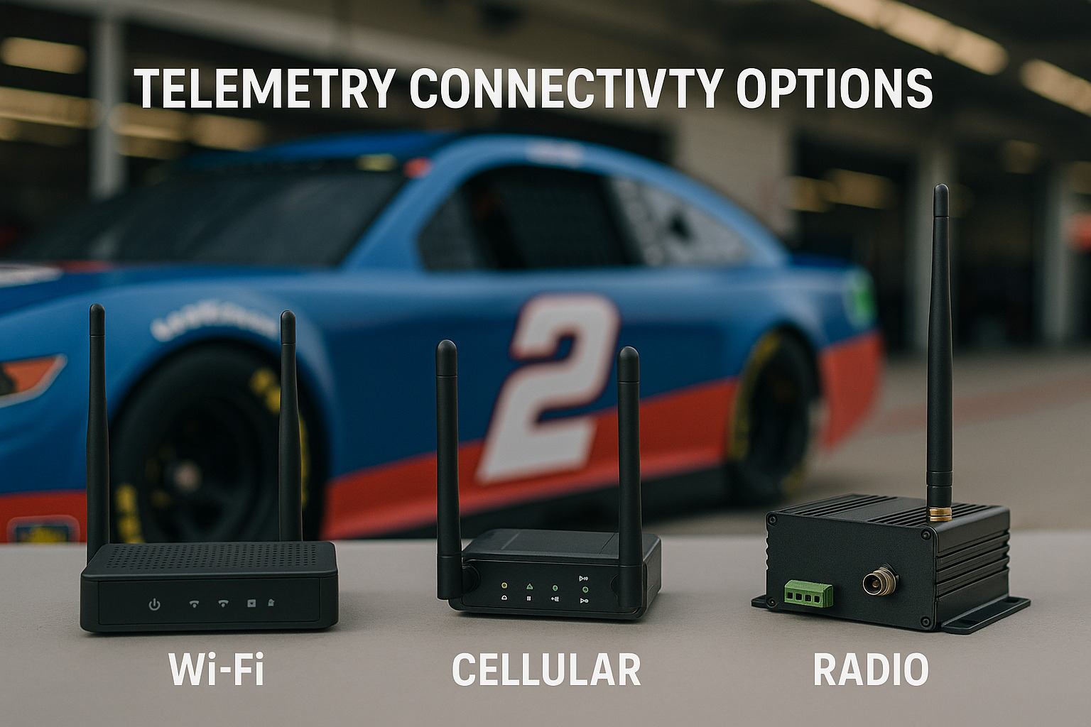 Different telemetry connectivity options showing WiFi, cellular, and radio frequency equipment - race car telemetry systems