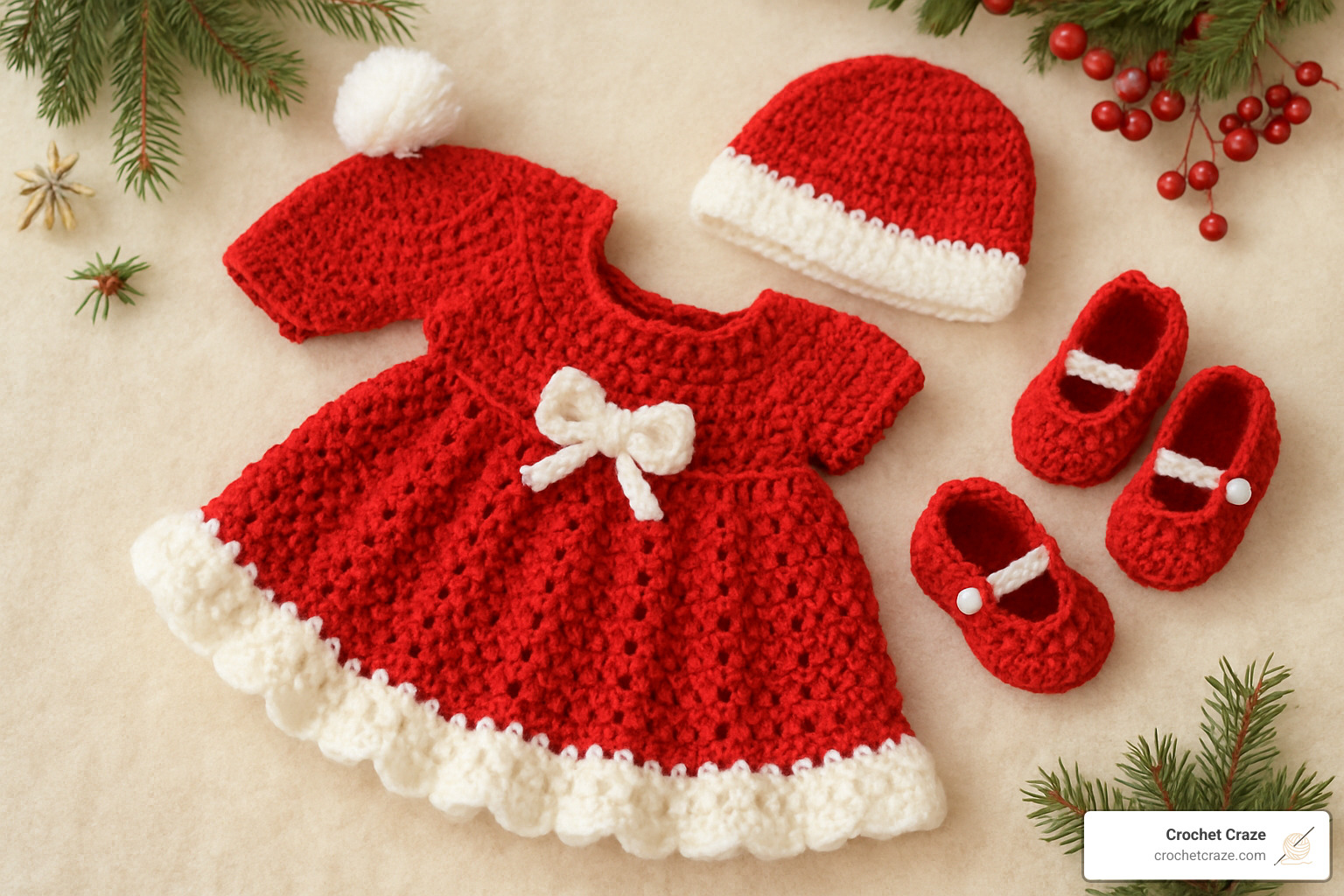 complete holiday crochet set with dress hat and booties - crochet holiday baby dress pattern