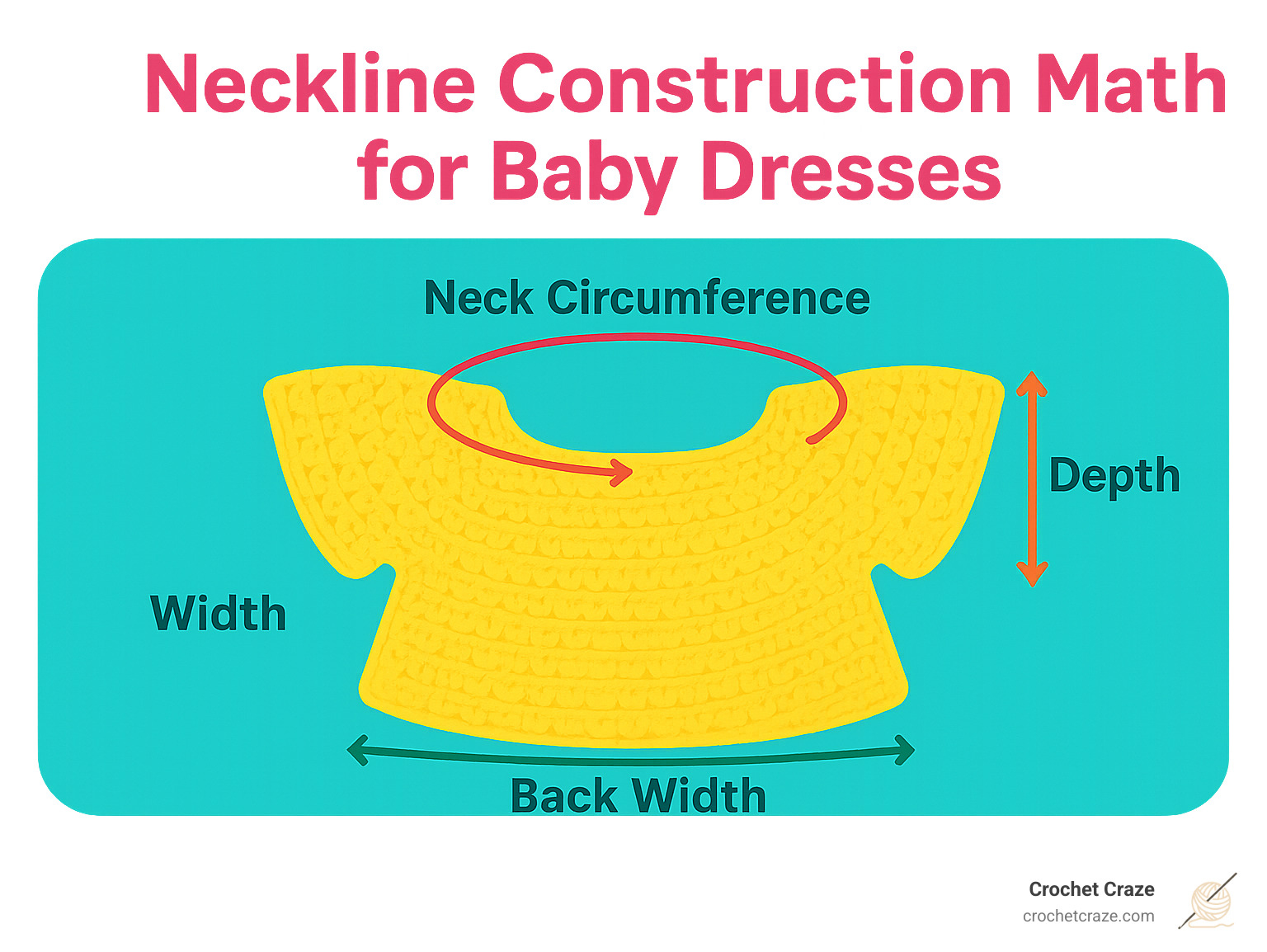 infographic showing neckline construction math for baby dresses - crochet holiday baby dress pattern infographic