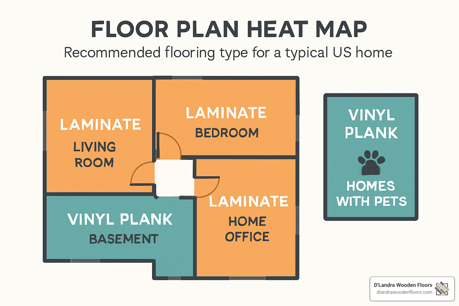 floor plan heat map showing recommended flooring types for different rooms - Vinyl plank vs laminate