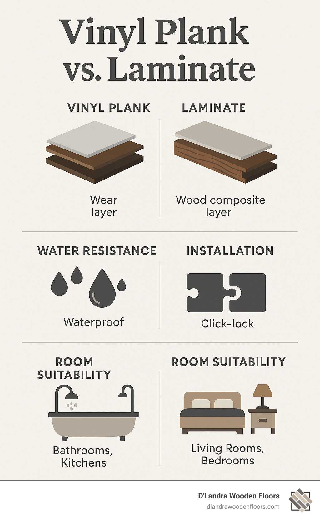 Comparison infographic showing vinyl plank vs laminate flooring with layers breakdown, water resistance properties, installation methods, and room suitability recommendations for South Florida homes - Vinyl plank vs laminate infographic 