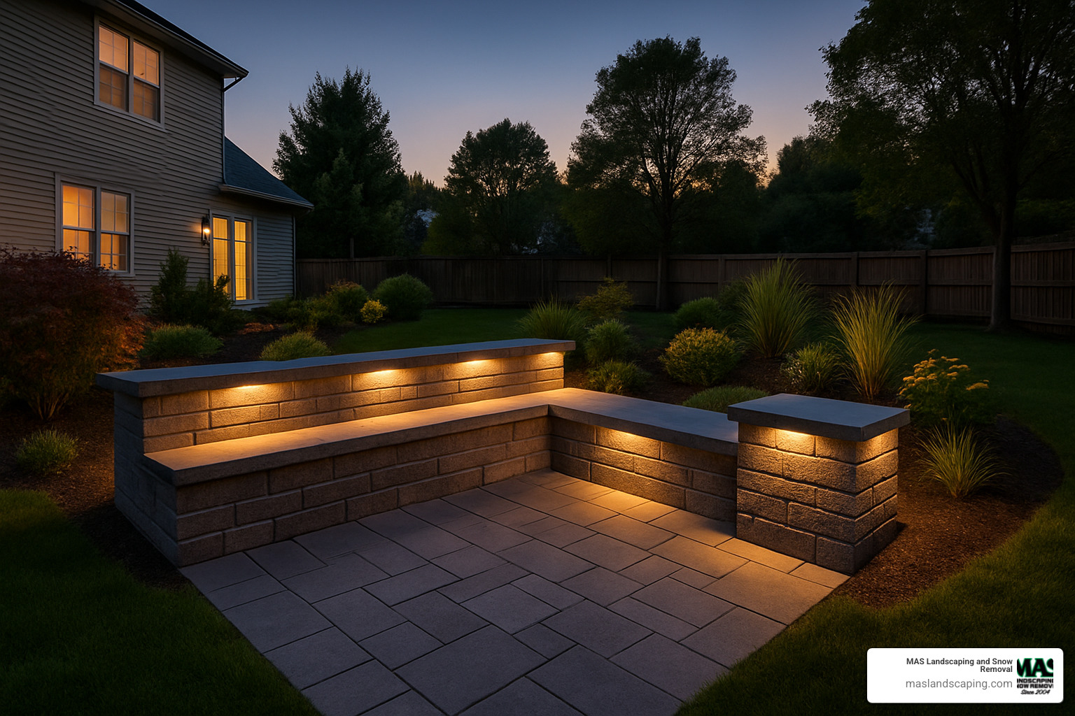 LED-lit seating wall - paver retaining wall