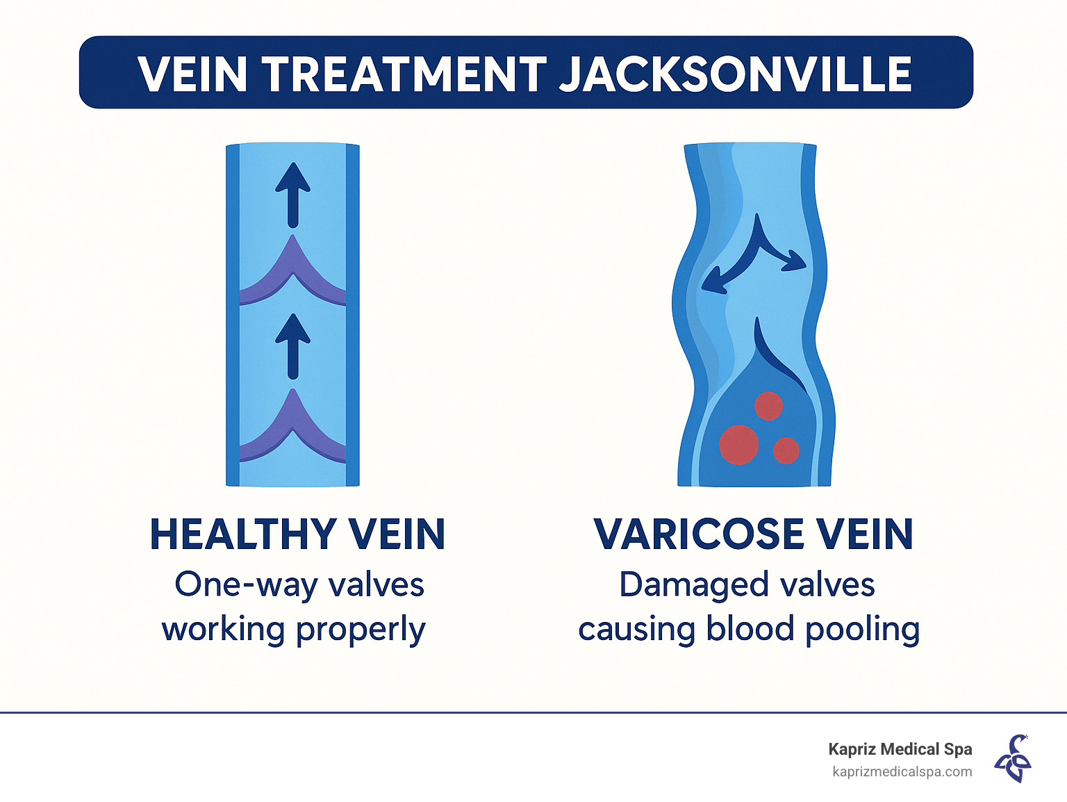 Diagram showing how healthy veins function compared to varicose veins, with one-way valves working properly versus damaged valves causing blood pooling - vein treatment jacksonville infographic 