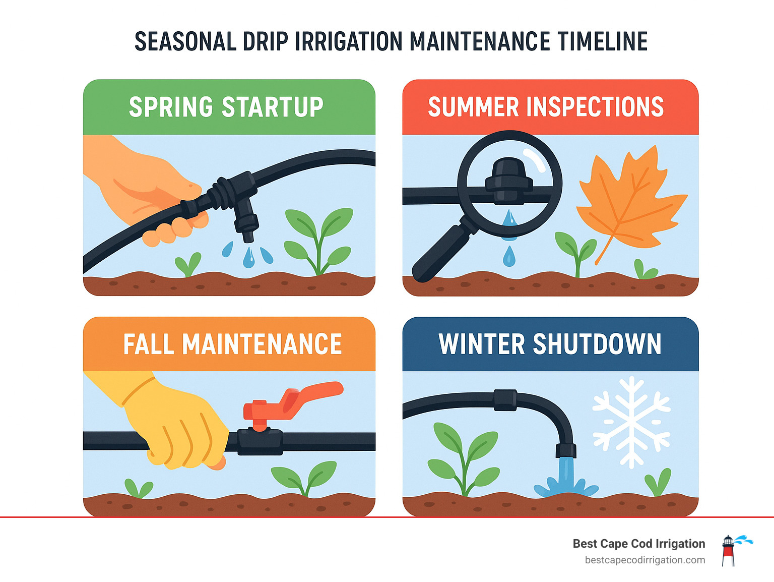Seasonal drip irrigation maintenance timeline showing spring startup, summer inspections, fall maintenance, and winter shutdown procedures - drip irrigation maintenance infographic