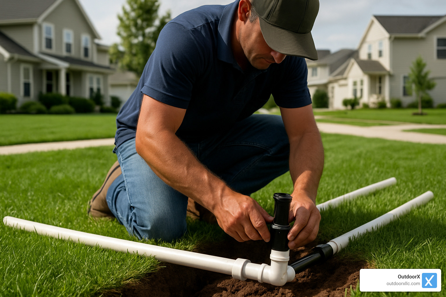 professional installing sprinkler system components - sprinkler and lawn care near me